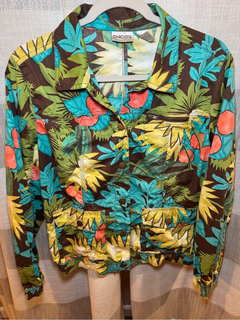 Chico's Green, Teal & Brown Tropical Print Top - Picture 5 of 6